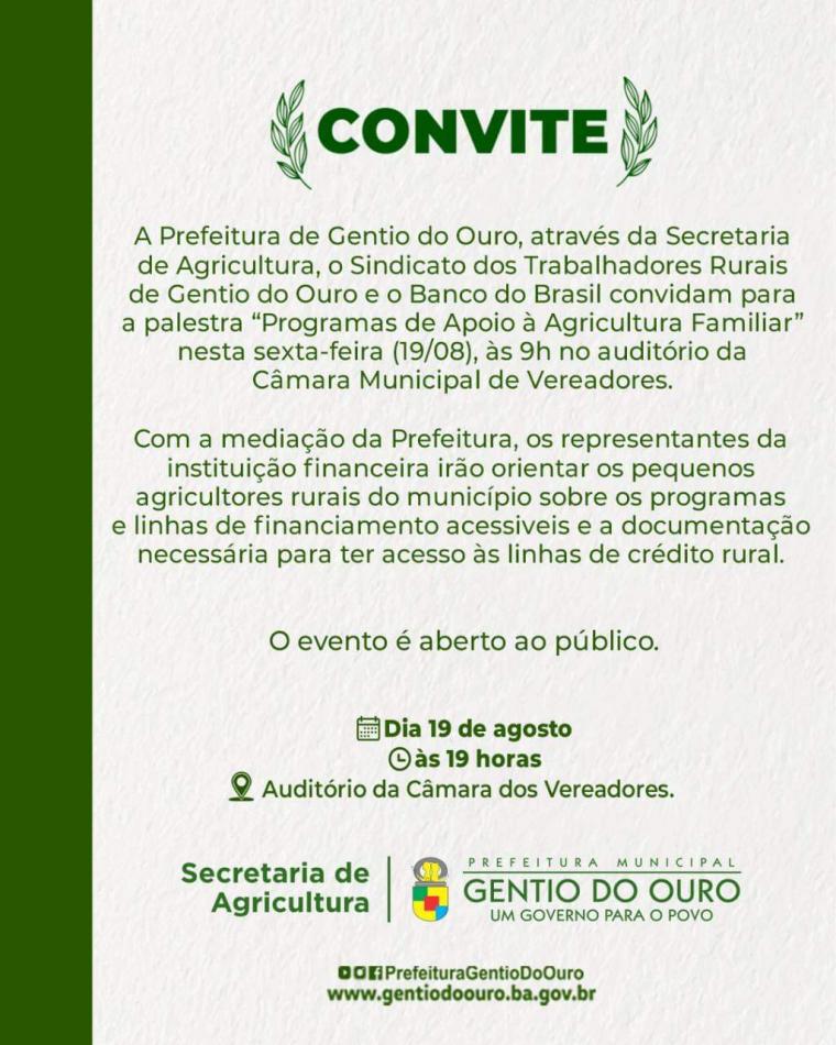 Prefeitura de Gentio do Ouro e Sindicato Rural convidam agricultores para palestra sobre crédito rural, nesta sexta (19)