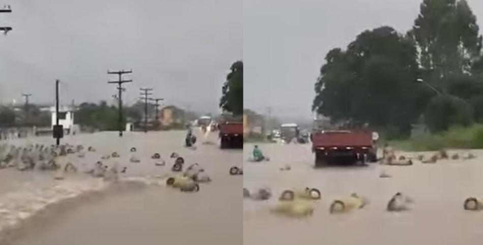 VÍDEO: Correnteza arrasta botijões de gás em Itabuna